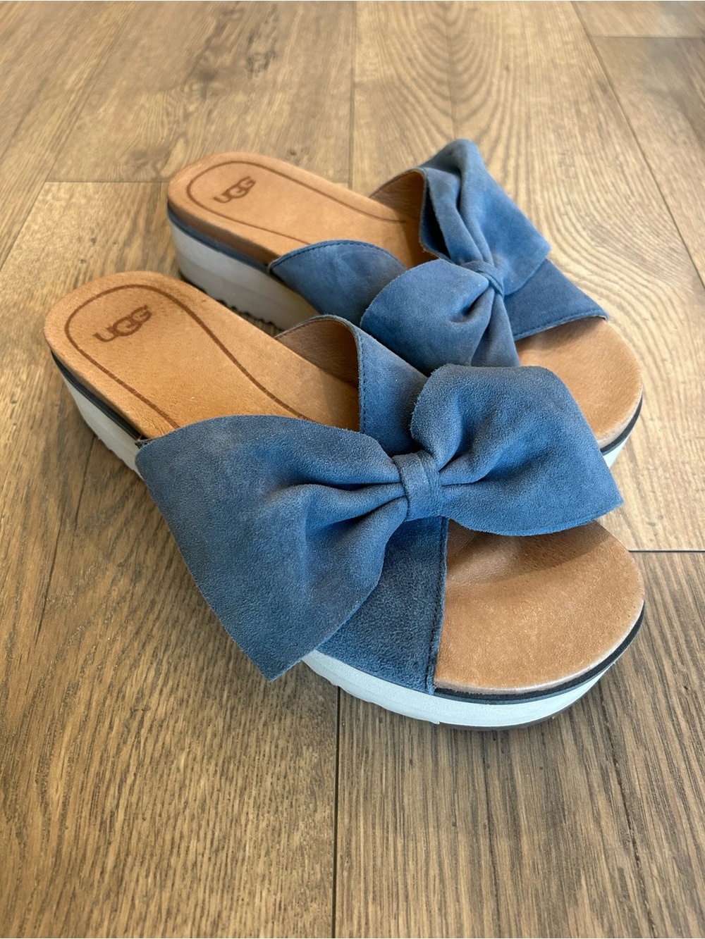 UGG Blue Suede Bow Platform Slide Mules